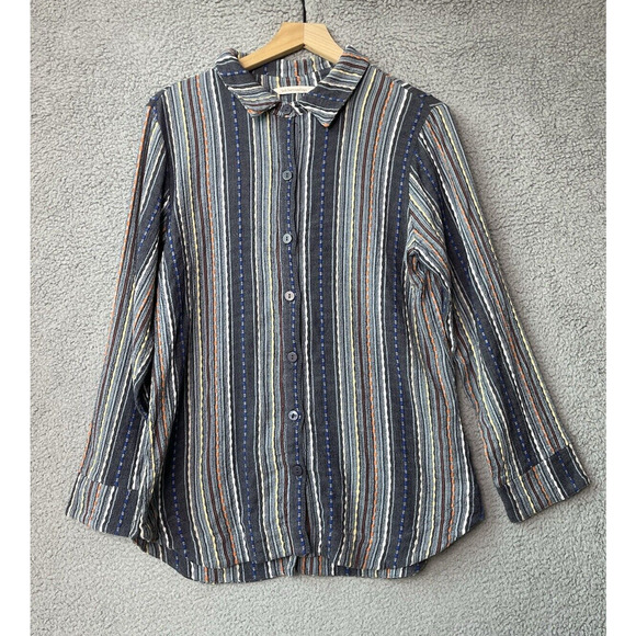 Soft Surroundings Button Top Small Oversized Striped Embroidered Beach Boho Gray - Picture 1 of 15